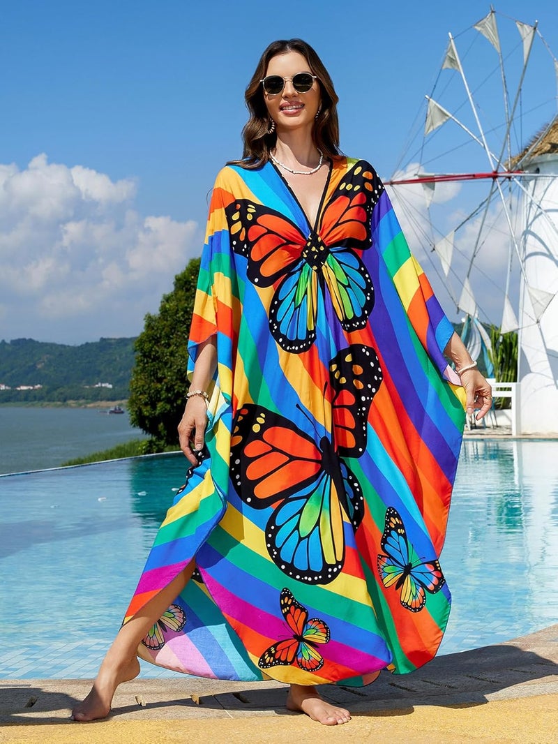 IMAGEKOPE Women's Plus Size Animal Print V-Neck Batwing Kaftan Beach Dress Bathing Suit Cover-Up Loungewear - Image 4